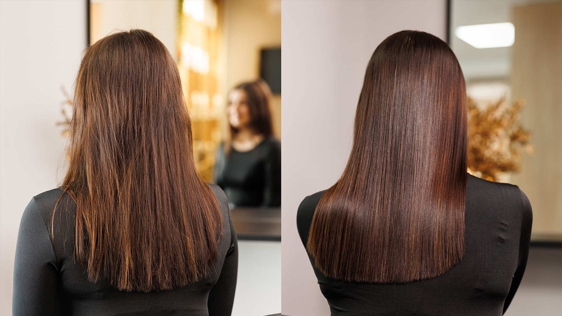 Vor und nach der Glättung mit Keratin, Botox oder brasilianischem Spezialverfahren für braunes Haar.